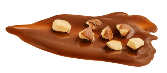 Chocolate Smear Isolated on white. Melted Chocolate spread with nuts,  Chocolate Hazelnut Cream top view, flat lay