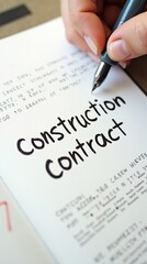 Close-up of construction contract with fountain pen for signature