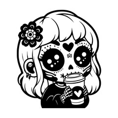 Cute vector illustration of a skeleton-themed girl holding a coffee cup, blending spooky Day of the Dead elements with a cozy, playful vibe.