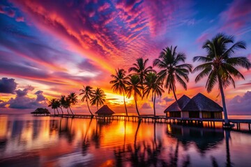 Obraz premium Stunning Silhouette of Palm Trees Against a Vibrant Maldives Sunset