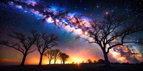 Obraz premium Stunning Silhouette of Trees Under a Starry Night Sky with Cosmic Elements and a Milky Way Background for