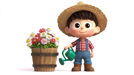 Cute Cartoon Farmer Boy Watering Flowers in a Wooden Pot