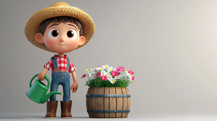 Cute Cartoon Farmer Boy Watering Flowers in Wooden Barrel
