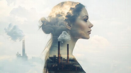 Double exposure of a woman with smoke and factories representing pollution.