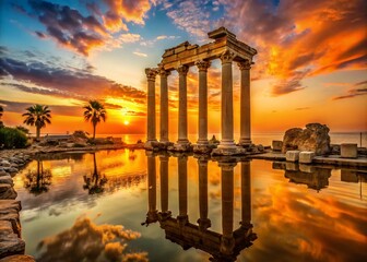 Naklejka premium Stunning Sunset Silhouette of Apollo's Temple in Side, Antalya, with Orange Sky Reflected in Water