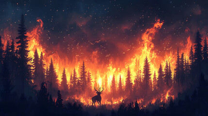 An illustration of a blazing wildfire spreading through a forest, with intense flames consuming trees, dark smoke filling the air, and wildlife fleeing the danger