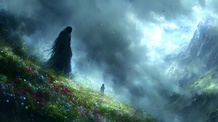 Fototapeta premium Enchanted Landscape with Mysterious Figure and Child