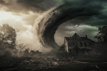 A huge tornado swirls around a residential old farmhouse. Natural phenomenon, disaster. Advertising banner.