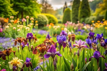 Stunning Tilt-Shift Photography of Iris Flowers in a Springtime Garden Featuring Unique Brown Blooms