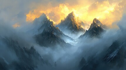 Majestic mountain range blanketed in morning mist, with golden sunlight breaking through, casting a warm glow across the peaks