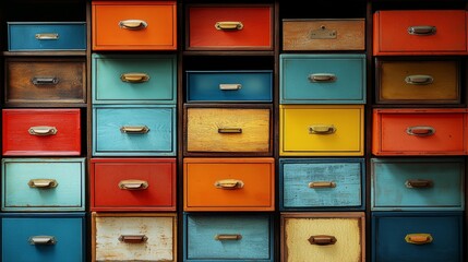 Open blue orange drawers of filing cabinets for storing data, archives and documents in an office setting..