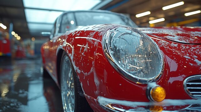 In a bright garage, a classic red vintage car receives a thorough wash, showcasing its sleek curves and gleaming surface covered in soap bubbles under soft lighting.