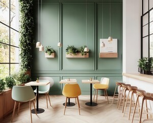 Eclectic vegan cafe with colorful mismatched chairs, lush greenery, and quirky light fixtures, creating a vibrant, inviting vibe