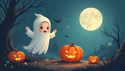 Spooky Halloween Scene with Ghostly Figure Pumpkins and Full Moon in Eerie Forest Landscape