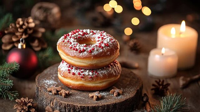 Two glazed donuts with red and white sprinkles are stacked on a wooden slice