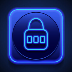 Lock icon vector Flat design. Blue neon style on button. With shadow