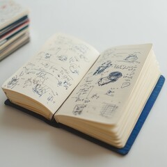 An open notebook filled with sketches and handwritten notes.