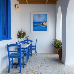 Mediterranean seafood restaurant with whitewashed walls, blue accents, and natural stone floors, evoking a relaxed coastal ambiance