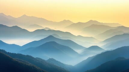 Obraz premium Misty mountains bathed in the soft golden light of dawn, with rolling fog and breathtaking peaks stretching into the horizon