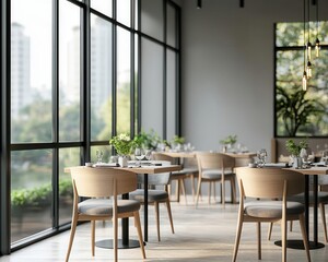 Fototapeta premium Modern restaurant interior with sleek marble floors, large glass windows, and minimalist furniture, sunlight casting geometric shadows