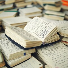 Obraz premium A collection of open and closed notebooks filled with handwritten notes.