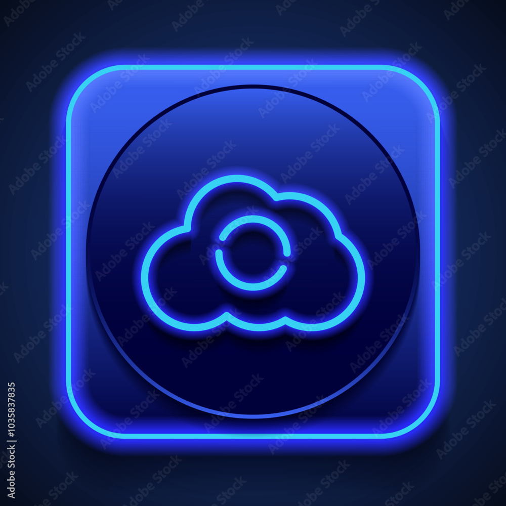 Poster loading, cloud simple icon vector. flat design. blue neon style on button. with shadow