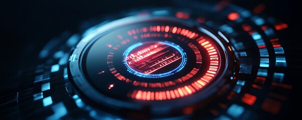 Time-travel badge, holographic interface, glowing data, dark setting