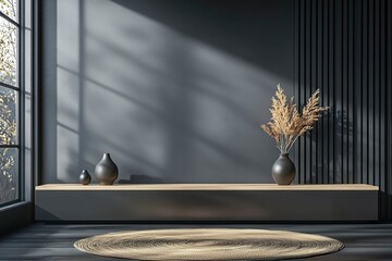 Minimalist Living Room Interior with Grey Walls and a Round Rug