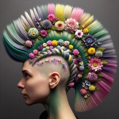Blooming Floral Mohawk featuring intricate braiding and pinning techniques to create vibrant flower-shaped structures in pinks, yellows, purples, and blues, with mint green buzzed sides and real petal