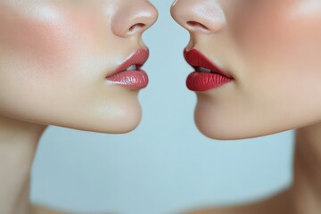 Obraz premium Close-up of two women’s faces, one with nude lips and one with red lipstick, showcasing contrasting makeup styles and skin textures.