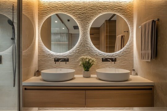  Frameless circular mirror above a floating vanity in a sleek bathroom, reflecting minimalist fixtures and a rain shower in the background, emphasizing simplicity and elegance. - Powered by Adobe