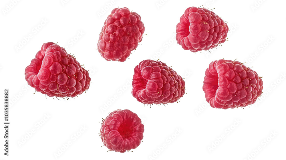 Poster falling raspberries isolated on a transparent background generative ai