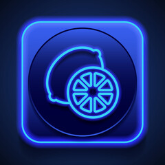 Lemon, slice simple icon vector. Flat design. Blue neon style on button. With shadow