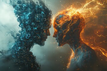  Electrifying depiction of two abstract figures, one blue and the other orange, facing off, symbolizing the clash of opposites like fire and ice.