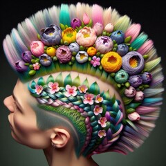 Blooming Floral Mohawk featuring intricate braiding and pinning techniques to create vibrant flower-shaped structures in pinks, yellows, purples, and blues, with mint green buzzed sides and real petal