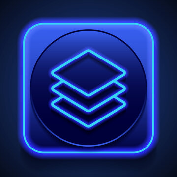 Layers simple icon vector. Flat design. Blue neon style on button. With shadow