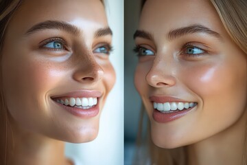  A vibrant close-up of a smiling woman with glowing skin, highlighting natural beauty, healthy complexion, and radiant confidence. - Powered by Adobe