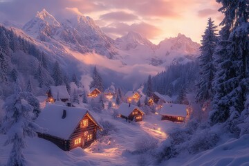 Fototapeta premium cozy winter village nestled in the snow, featuring small wooden cabins with smoke rising from chimneys and twinkling lights peeking through frosted windows, evoking warmth and festivity.