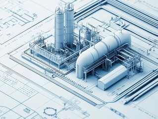 Abstract blueprintstyle rendering of a hydraulic treatment plant, data charts, and risk assessment elements integrated into the design