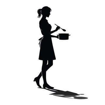recommend clip art: Silhouette of woman cooking in apron with pot and spoon