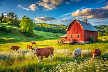 Summer Cows in Countryside Field with Red Barn - Scenic Landscape Photography