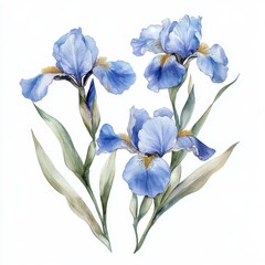 Fototapeta premium Watercolor iris branches, gentle, elegant on white background 