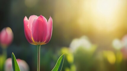Single pink tulip bathed in sunlight, its petals opening fully as spring brings new life