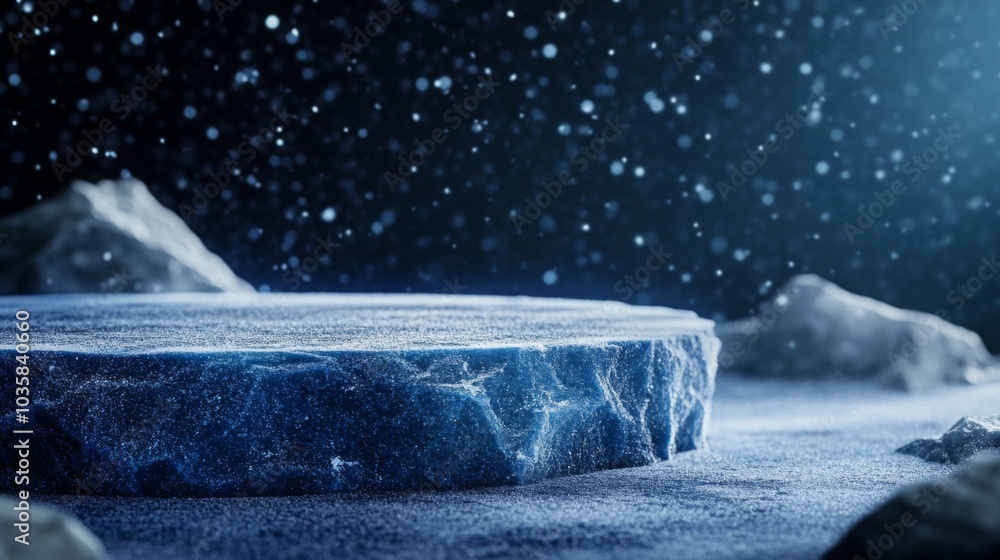 Poster a close-up image of a large, flat, icy rock surface. the rock is frosted with white snow and is set 