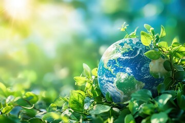  Earth surrounded by lush green leaves, symbolizing environmental protection, harmony with nature, and sustainability under the warm glow of sunlight.