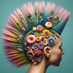 Blooming Floral Mohawk featuring intricate braiding and pinning techniques to create vibrant flower-shaped structures in pinks, yellows, purples, and blues, with mint green buzzed sides and real petal