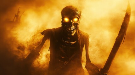 Naklejka premium Skeleton pirate with eerie glowing eyes, enveloped in thick golden mist, gripping a rusty cutlass