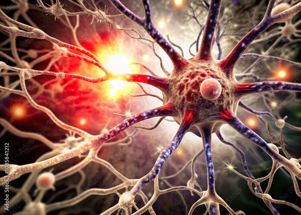 Poster surreal abstract 3d neuron cell with glowing dendrites in vivid colors