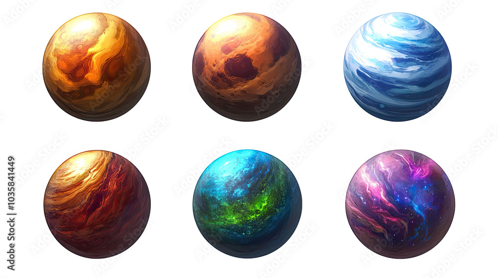 Poster colorful fantasy planets collection set on a transparent background generative ai