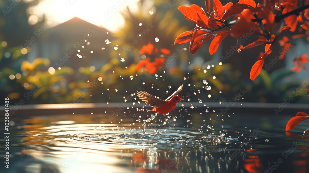 Poster a red bird flies out of a birdbath with water droplets splashing around it, a red-leaved tree and su